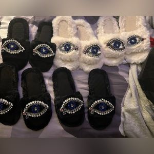 Evil Eye Hamsa Slippers slides fur soft shoes brides maid gifts holiday winter